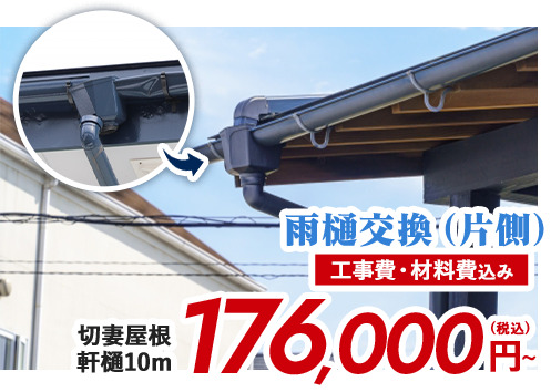雨樋交換(片側)工事費・材料費込み 切妻屋根 軒樋10m 176,000円(税込)〜