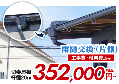 雨樋交換(片側)工事費・材料費込み 切妻屋根 軒樋20m 352,000円(税込)〜
